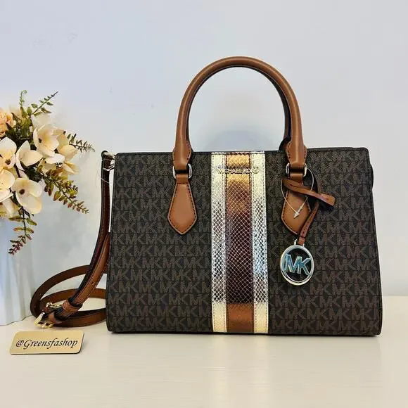 Michael Kors Purse Medium Sheila Signature Logo and Metallic Satchel Brown - Picture 1 of 10